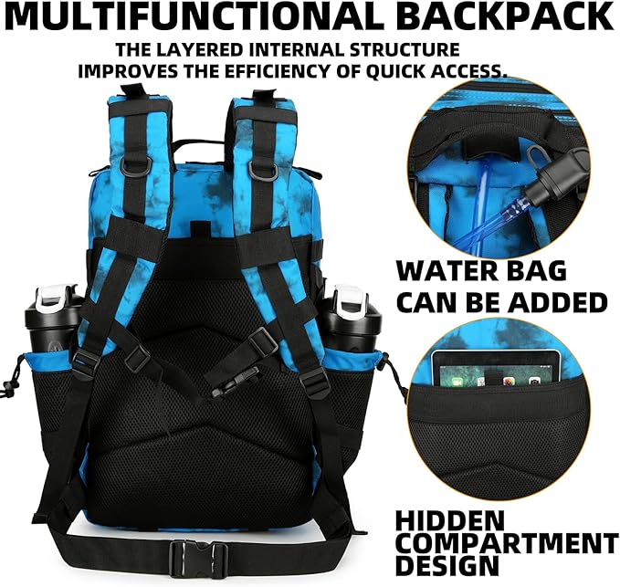 25L Tactical Backpack Military Tactical Backpack for Men and Women Small Assault Pack Outdoor Travel Hiking Camping Rucksack with Molle Webbing (Blue Water Pattern)