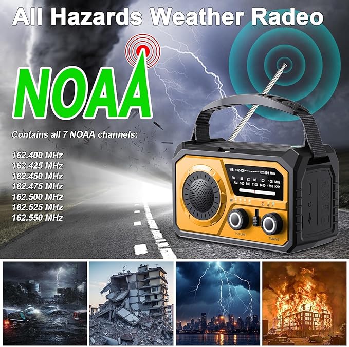 16000mAh Hand Crank Emergency Weather Radio with Wireless Speaker, 59200mWh NOAA AM FM Solar Radio with Flashlight Cell Phone Charger Reading Lamp Compass SOS for Camping and Survival (Yellow)