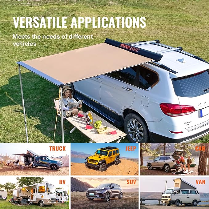 VEVOR Vehicle Awning 6.6'x8.2' Roof Rack Pull-Out Sun Shade UV50+ PU3000mm, Retractable Weatherproof 4x4 Side Awning for SUV Outdoor Camping & Overland (Hardware Included), w/Waterproof Storage Bag