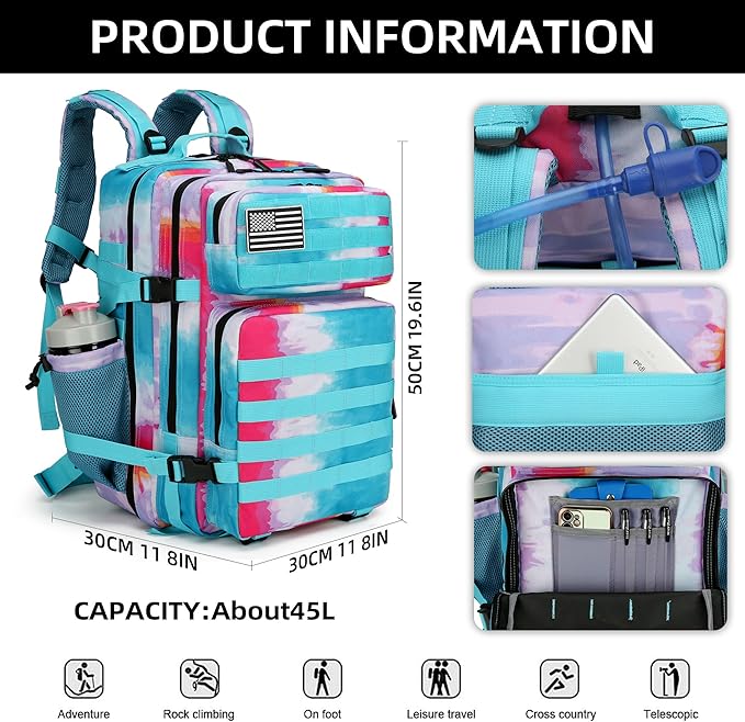 45L Tactical Assault Backpack 3 day assault pack with Molle Waterproof backpack Rucksack for Tactical Backpacks (Rainbow)