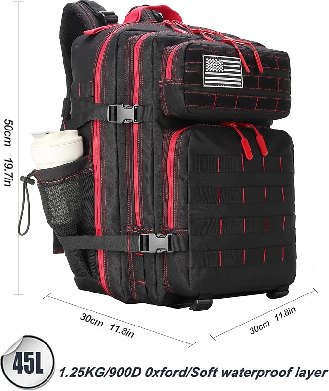 45L Military Tactical Backpacks 3 Days Assault Pack Bag Fitness Rucksack Bug Out Bag Hiking Treeking (45LBlack&Red)