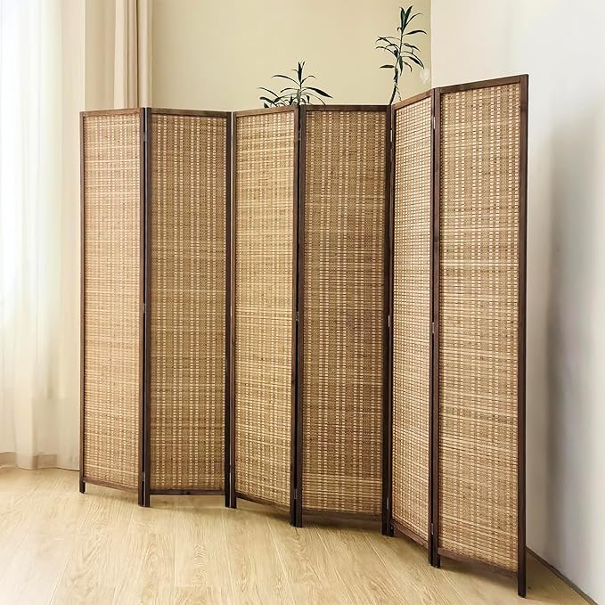 6 Panel Bamboo Room Divider, 5.6 FT Tall Folding Privacy Screen, Freestanding for Room Separation, Brown