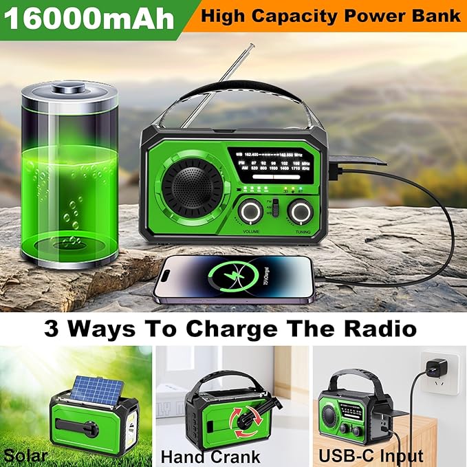16000mAh Hand Crank Emergency Weather Radio with Wireless Speaker, 59200mWh NOAA AM FM Solar Radio with Flashlight Cell Phone Charger Reading Lamp Compass SOS for Camping and Survival (Green)