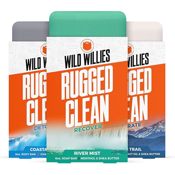 Wild Willies Moisturizing Mens Bar Soap - Bath Soaps with Shea Butter for Odor Protection - Natural Body Bar for Men - Variety Pack, 3 Pack Coastl Drift, Aspen Trail, River Mist