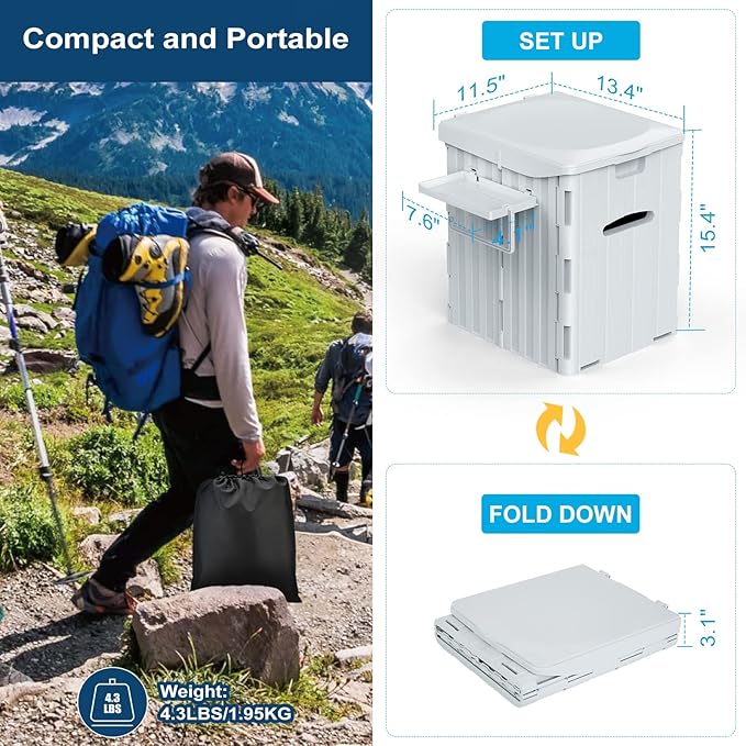 XL Portable Toilet for Adults, 15.4" H Foldable Camping Toilet with Detachable Phone Shelf and Toilet Paper Holder, Waterproof Porta Potty with Lid for Hiking, Long Road Trips, Car