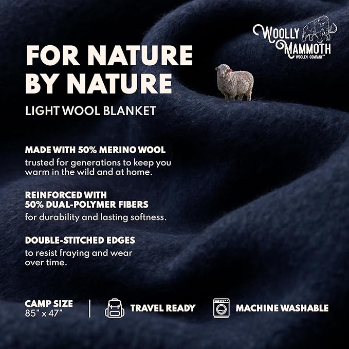 Woolly Mammoth Wool Blanket, Warm & Thick 50% Wool Blankets - Machine-Washable, Travel Blanket, Warm Winter Outdoor Blanket - 85" x 47" Navy Blue