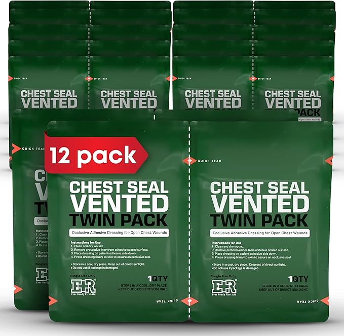 Vented Chest Seal with Quick Tear – 6.6” Occlusive Adhesive Dressing for Open Chest Wounds – Medical-Grade Hydrogel Adhesive for Trauma Kits – 12-Pack (24-Counts)