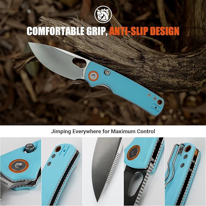Vosteed Porcupine EDC Pocket Knife - 2.99" 14C28N Satin Blade - Top Liner Lock, Sky Blue G10 Handle - Camping, Hunting Knives - A2608
