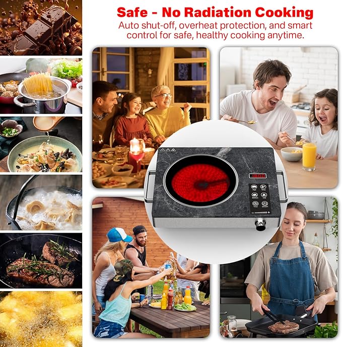 1800W Electric Infrared Stove, Single Burner Electric Cooktop, Portable Countertop Burner for Cooking, Plug in Kitchen Hot Plate, Temperature Adjustable Compact Hob Camping Stoves