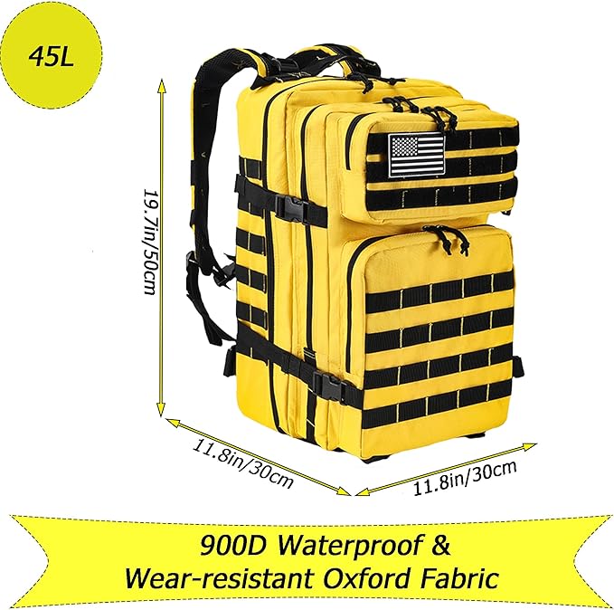 45L Military Tactical Backpack for Men & Women Bug Out Bag Assault pack Molle Daypack Hiking Trekking Rucksack(Yellow)