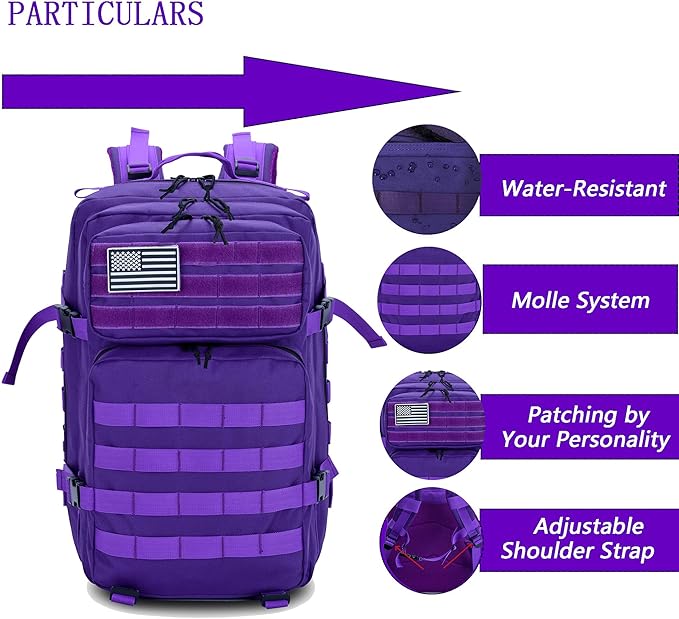 45L Military Tactical Backpack for Men & Women Bug Out Bag Assault pack Molle Daypack Hiking Trekking Rucksack(Purple)