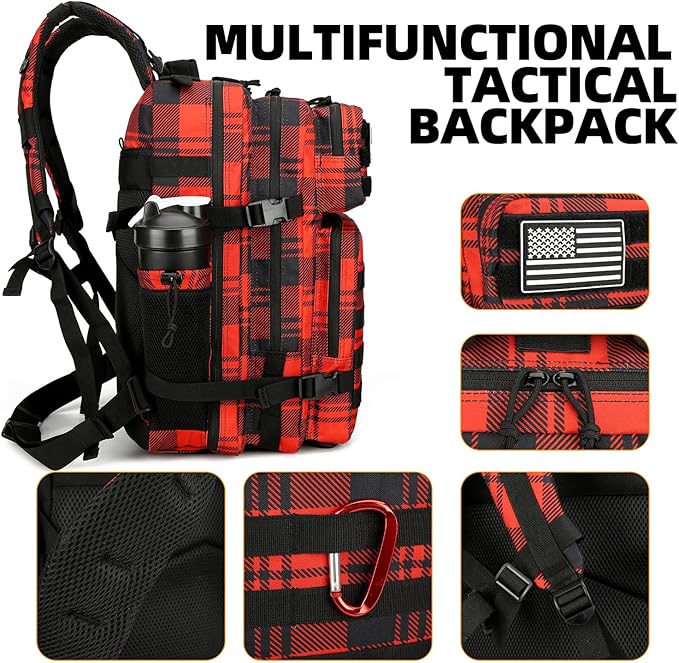 25L Tactical Backpack for Men Women Military Backpack Army Assault Pack Molle Backpack Small Bug Out Bag Travel Rucksack Daypack (Red Plaid)
