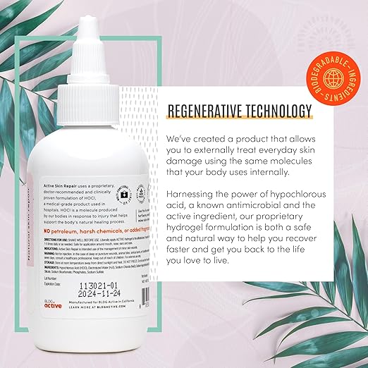 Active Skin Repair First Aid Skin Healing Burn Hydrogel - Natural, Non-Toxic, & No Sting Skin Burn Ointment with Hypochlorus Acid for Immediate Pain Relief, HSA/FSA Eligible, 3 oz