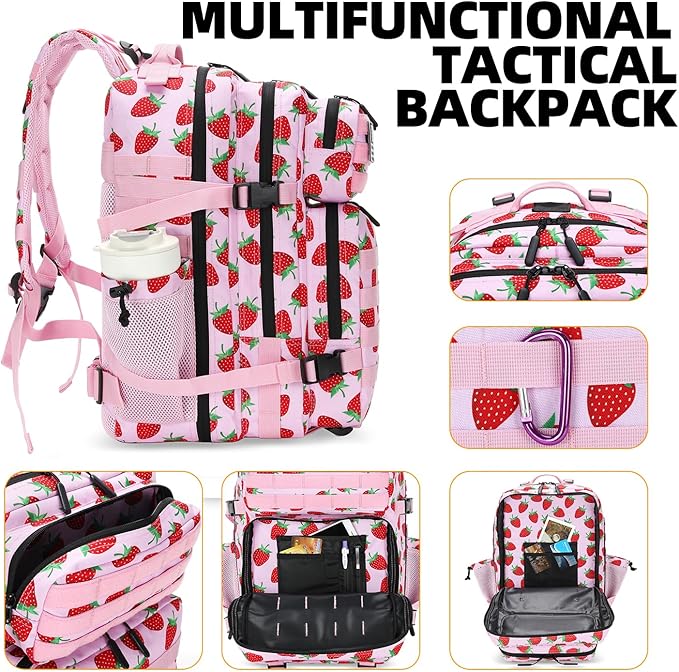25L Tactical Military Backpack Small Travel Rucksack for Men and Women Assault Pack Bug Out Bag Molle Daypack Gym Backpack with Bottle Holder (Strawberry)