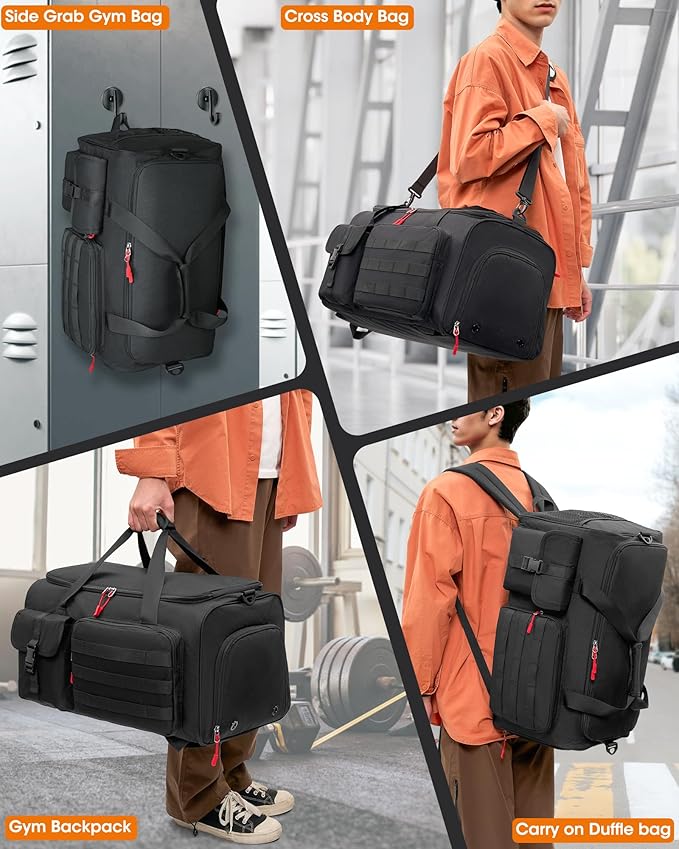 RAINSMORE Gym Bag for Men, 45L Sports Travel Duffel Bag with Shoe & Laptop Compartment, Gym Workout Backpack Carry On Weekender Bag Overnight Backpack for Travel, Black