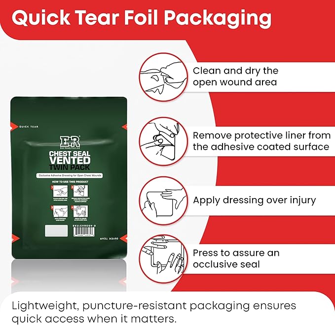 Vented Chest Seal with Quick Tear – 6.6” Occlusive Adhesive Dressing for Open Chest Wounds – Medical-Grade Hydrogel Adhesive for Trauma Kits – 12-Pack (24-Counts)