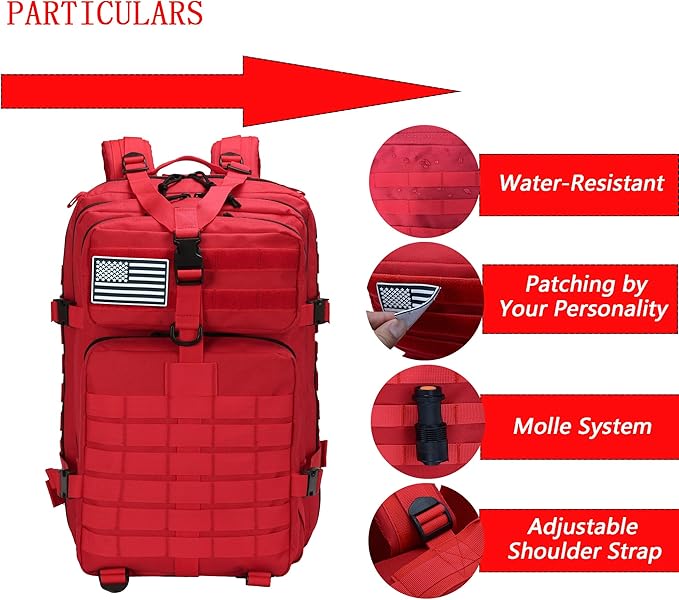 45L Military Tactical Backpack for Men & Women Bug Out Bag Assault pack Molle Daypack Hiking Trekking Rucksack(45L red)