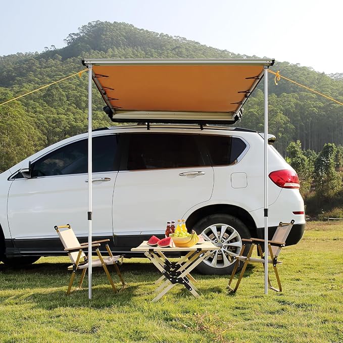 VEVOR Vehicle Awning 6.6'x8.2' Roof Rack Pull-Out Sun Shade UV50+ PU3000mm, Retractable Weatherproof 4x4 Side Awning for SUV Outdoor Camping & Overland (Hardware Included), w/Waterproof Storage Bag