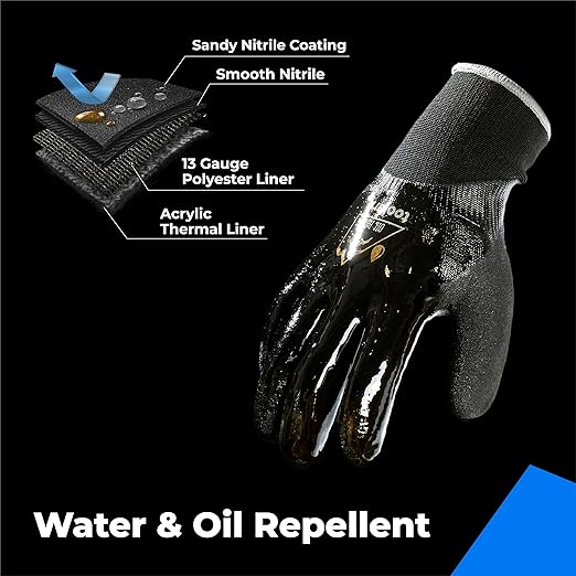 Waterproof Gloves Bulk Pack for Men and Women, 3 Pairs, Freezer Gloves with Grip, Double Nitrile Dipped for Extreme Oil Repellent, for Construction, Mechanics, Mining, Plumbing, Black, Medium