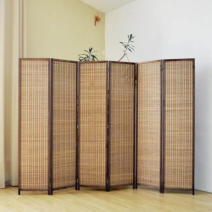 6 Panel Bamboo Room Divider, 5.6 FT Tall Folding Privacy Screen, Freestanding for Room Separation, Brown