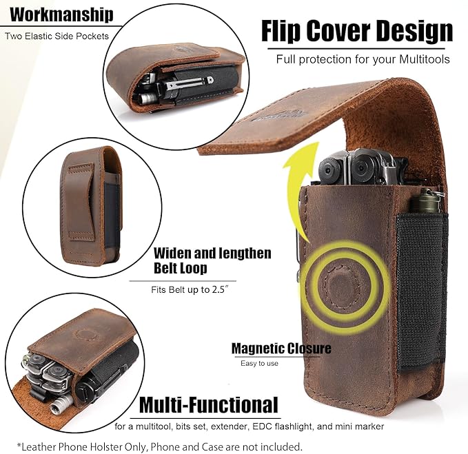 Topstache Leather Multitool Sheath for Belt - Multitool Holster for Belt - Multitool Pouch Fits Folding Tool - Magnetic Closure EDC Belt Organizer - EDC Belt Pouch - Multitool Holder, DarkBrown