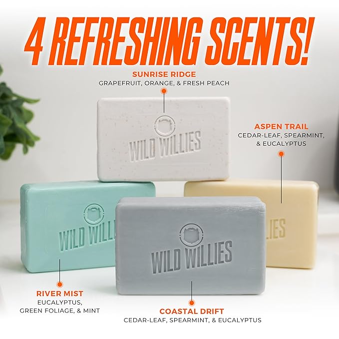 Wild Willies Moisturizing Mens Bar Soap - Bath Soaps with Shea Butter for Odor Protection - Natural Body Bar for Men - Sunrise Ridge Scent, 3 Pack