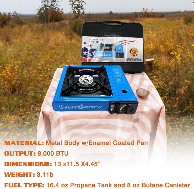 Vivicreate 7000 BTU Portable Butane Gas Stove for Camping Cooking Outdoor, Lightweight Portable Stove Burner with Auto Ignition, Estufa de Gas PortĆ”til para Camping al Aire Libreļ¼Blueļ¼