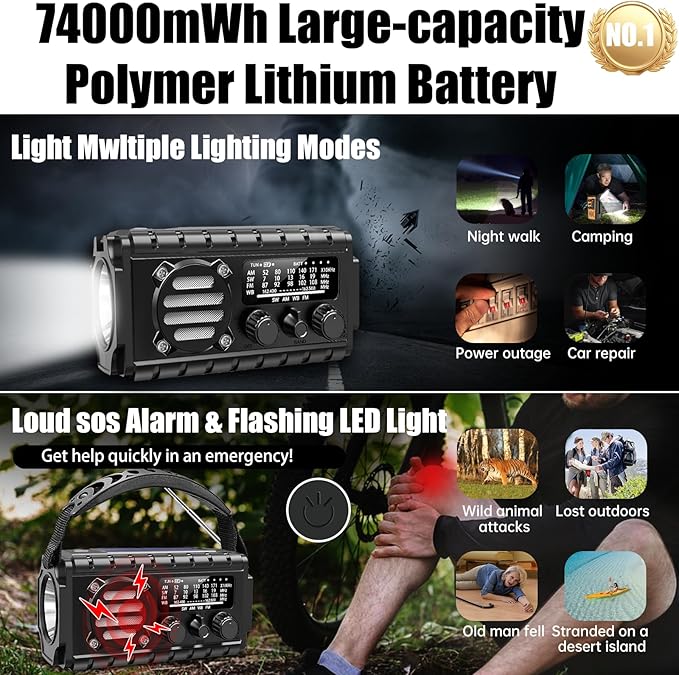 20000mah Hand Crank Emergency Radio,SW/NOAA/AM/FM Weather Radio, Solar Powered Hand Crank Chager with Bige Batery Powered,Portable,Cellphone Charge,SOS,Flashlight for Emergency/Home (Black)