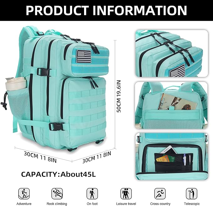 45L Tactical Assault Backpack 3 day assault pack with Molle Waterproof backpack Rucksack for Tactical Backpacks (Mint Green)