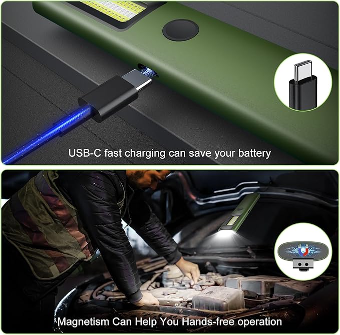 3IN1 EDC Pocket LED Flat Flashlight, USB-C Rechargeable 500 Lumens Compact Bright Handheld Flash Lights, Aluminum Alloy Material with Magnet for Hiking Work and Emergency (Green)