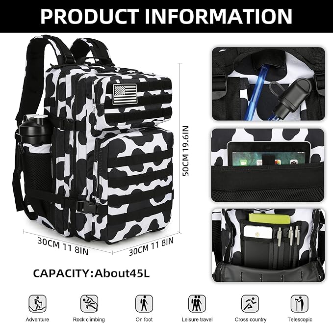 45L Tactical Assault Backpack 3 day assault pack with Molle Waterproof backpack Rucksack for Tactical Backpacks (Cow color)