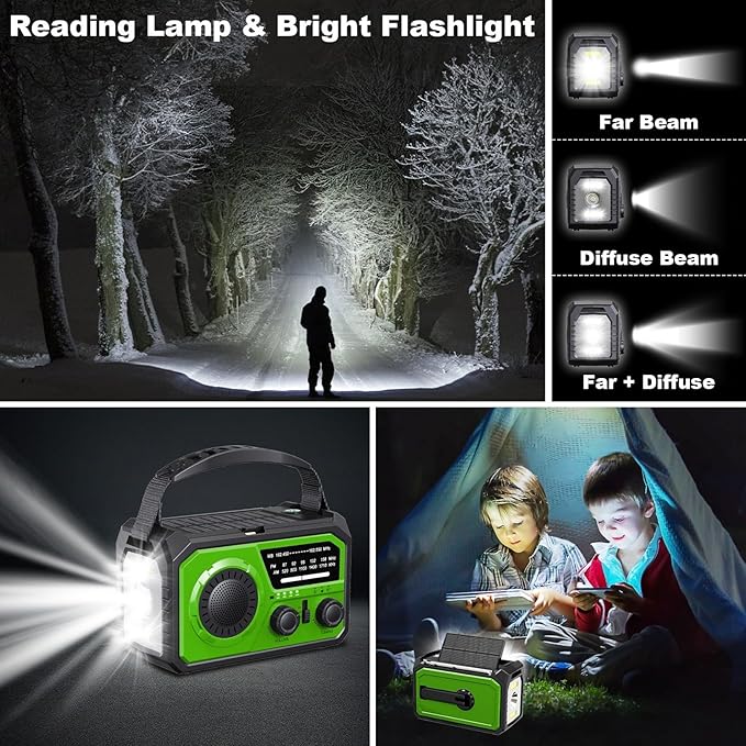 16000mAh Hand Crank Emergency Weather Radio with Wireless Speaker, 59200mWh NOAA AM FM Solar Radio with Flashlight Cell Phone Charger Reading Lamp Compass SOS for Camping and Survival (Light Green)