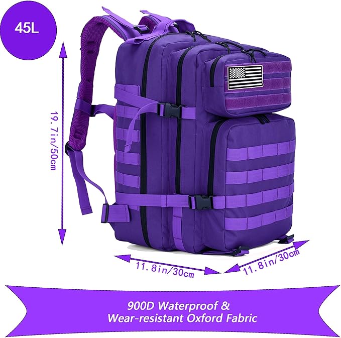 45L Military Tactical Backpack for Men & Women Bug Out Bag Assault pack Molle Daypack Hiking Trekking Rucksack(Purple)