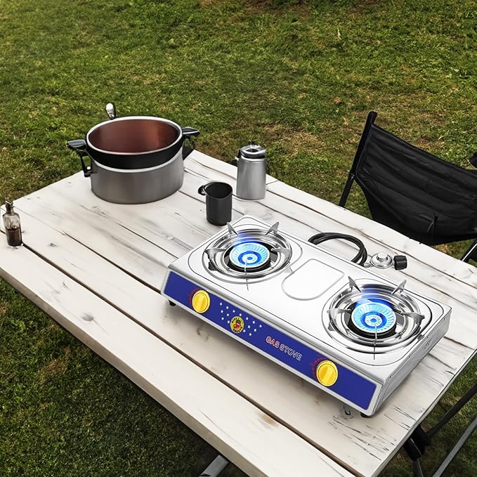 Vivicreate 2 Burner Propane Gas Stove 25000 BTU Stainless Steel Cooktop Outdoor Camping Stove Portable Double Burner for BBQ Boiling Frying Cooking Estufa de Gas Portátil Fogón de Gas