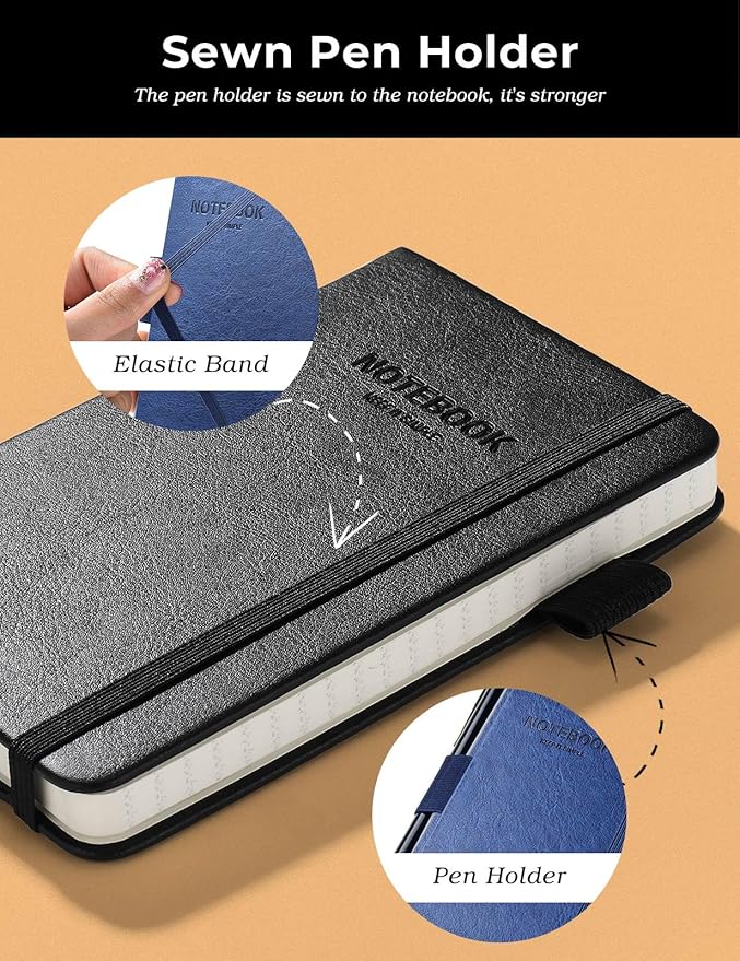 AISBUGUR Pocket Notebook Small Notebook 2-Pack, 3.5" x 5.5" Pocket Notebooks Hardcover with Thick Lined Paper, Inner Pockets, Cover Letter Embossing Design Mini Journal Notepad 1Black 1Blue Leather