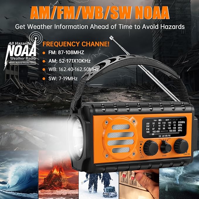 20000mah Hand Crank Emergency Radio,SW/NOAA/AM/FM Weather Radio, Solar Powered Hand Crank Chager with Bige Batery Powered,Portable,Cellphone Charge,SOS,Flashlight for Emergency/Home (Orange)