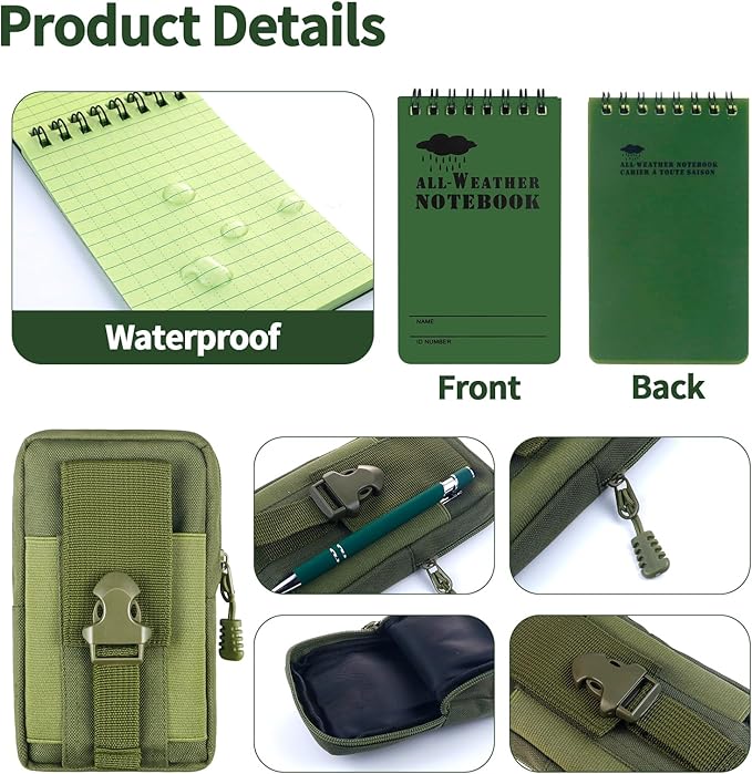 7 Piece Waterproof Notebook, 3 X 5 Inch waterproof notebook and pen with Waterproof Multi Functional Waist Pack for Outdoor Activities Recording (Army Green)