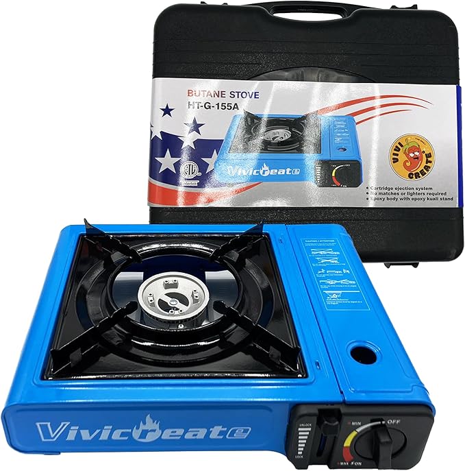 Vivicreate 7000 BTU Portable Butane Gas Stove for Camping Cooking Outdoor, Lightweight Portable Stove Burner with Auto Ignition, Estufa de Gas PortĆ”til para Camping al Aire Libreļ¼Blueļ¼