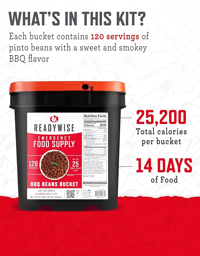 ReadyWise Emergency Food Supply - 120 Servings BBQ Beans Bucket, Freeze Dried Protein Meals, Camping Essentials, Ready to Eat, Survival Disaster Prepping Supplies, up to 25 Year Shelf Life