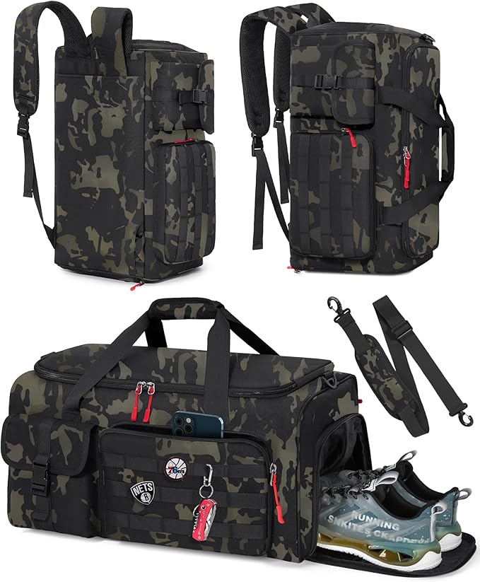 RAINSMORE Gym Bag for Men, 45L Sports Travel Duffel Bag with Shoe & Laptop Compartment, Gym Workout Backpack Carry On Weekender Bag Overnight Backpack for Travel, Green Camo