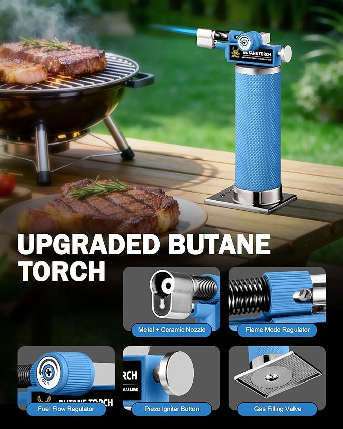 RAVS 2 Flame Mode Butane Torch, Kitchen Torch Lighter for Creme Brulee, Mini Torch with Adjustable Flame, Refillable Soldering Torches for Welding, Resin Art, Blue Cooking torch Butane not Include
