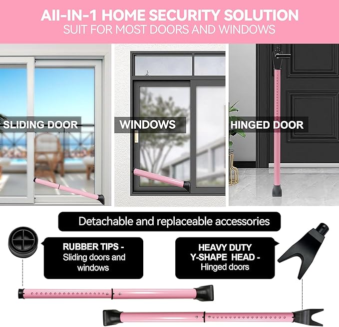 AceMining Upgraded Door Security Bar & Sliding Patio Bar, Heavy Duty Stoppers Adjustable Jammer for Home, Apartment, Travel (1 Pack,Pink)