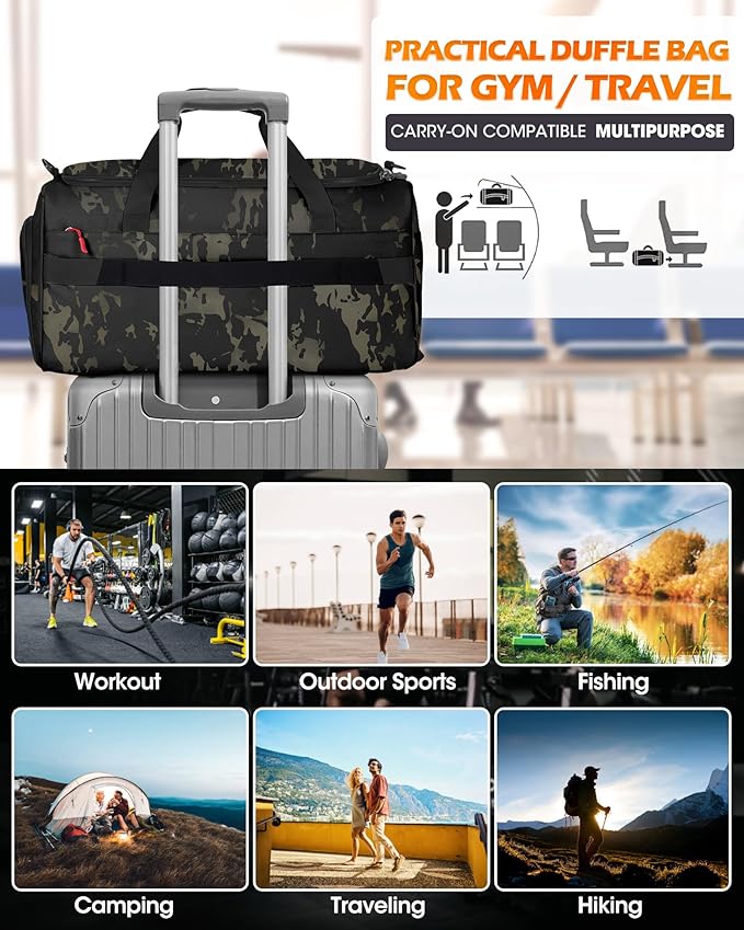 RAINSMORE Gym Bag for Men, 45L Sports Travel Duffel Bag with Shoe & Laptop Compartment, Gym Workout Backpack Carry On Weekender Bag Overnight Backpack for Travel, Green Camo