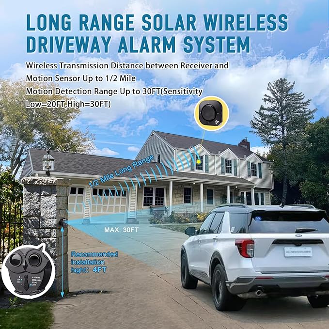1/2 Mile Long Range Solar Wireless Driveway Alarm System IP65 Weatherproof Outdoor Motion Detectors&Sensor 120dB Siren Sound Light Security Alert System Monitor&Protect Outdoor/Indoor Property(1R3S)