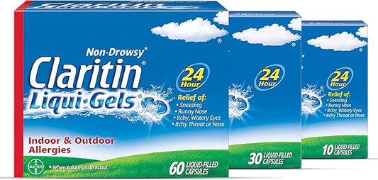 Claritin Allergy Medicine for Adults, 24-Hour Non-Drowsy Loratadine 10mg Liqui-Gels, Antihistamine, 1x10, 1x30, 1x60, 100 Total Liqui-Gels