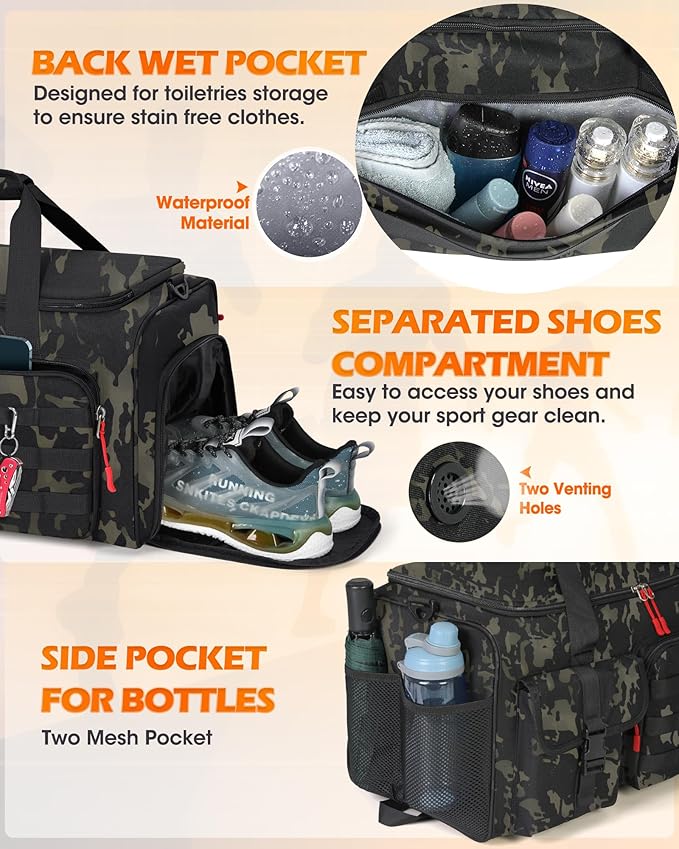 RAINSMORE Gym Bag for Men, 45L Sports Travel Duffel Bag with Shoe & Laptop Compartment, Gym Workout Backpack Carry On Weekender Bag Overnight Backpack for Travel, Green Camo