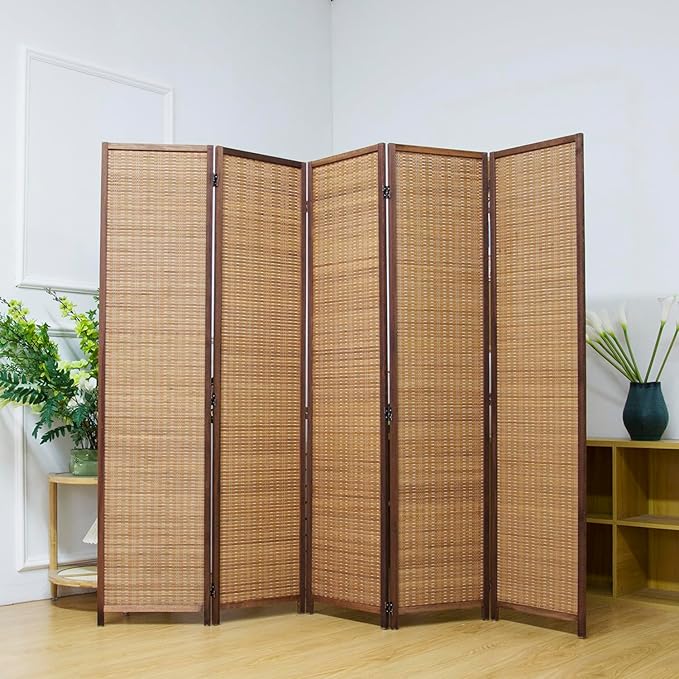 5 Panel Room Divider Screen,5.6 FT Tall Bamboo Room Divider Folding Privacy Screen,Freestanding Room Divider for Room Seperation,Brown