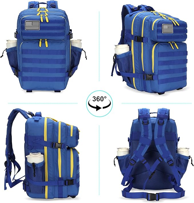 25L Tactical Military Backpack Small Travel Rucksack for Men and Women Assault Pack Bug Out Bag Molle Daypack Gym Backpack with Bottle Holder (Blue Yellow)