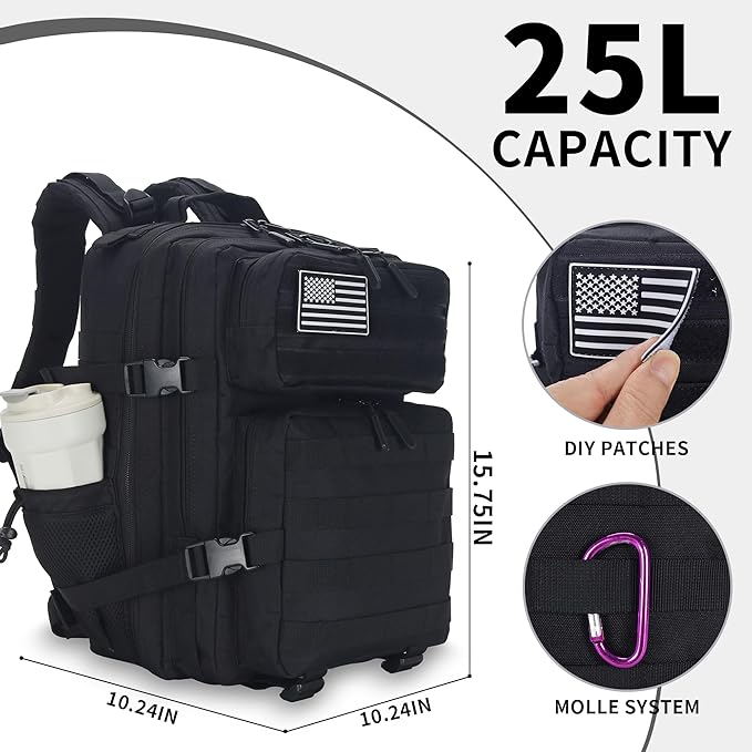 25L Tactical Backpack Small Military Tactical Backpack Molle Bag Heavy Duty Assault Pack for Work Gym Outdoors (Black)