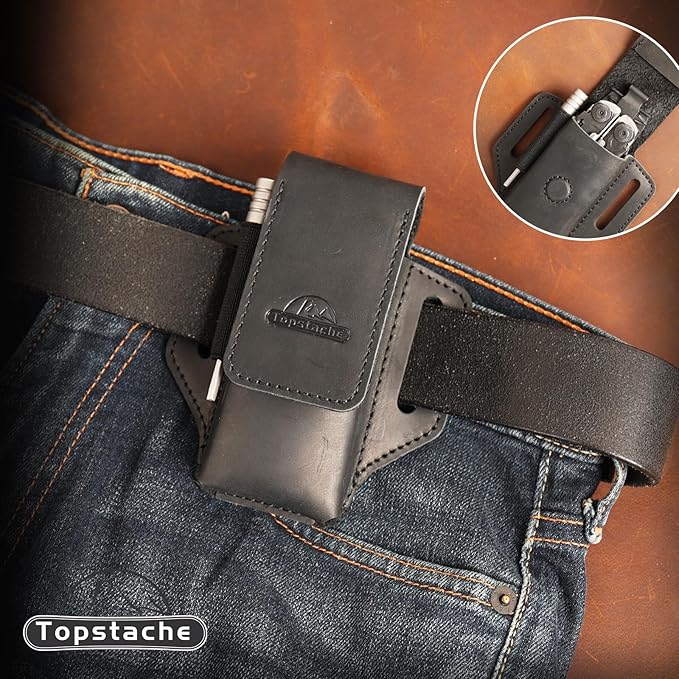 Topstache Leather Multitool Sheath for Belt - Leather Multitool Holder for Belt - EDC Belt Organizer Multitool Pouch - Two Magnetic Closure Multitool Holster - Belt Loop Leather Multitool Case, Black